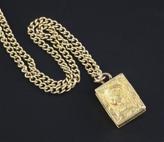 A Victorian chased gold rectangular double locket pendant on a later 9ct gold chain, locket 0.75in.